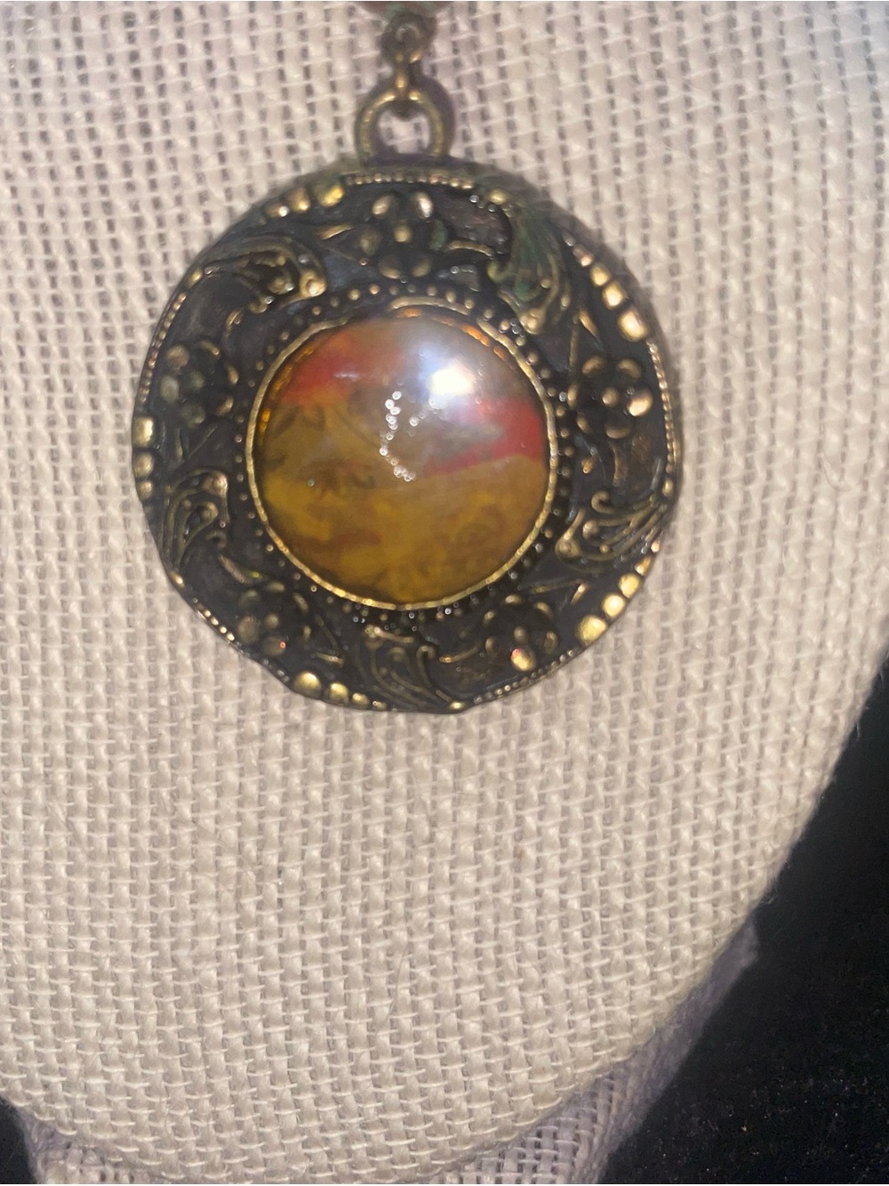 Antique-Style Gold Pendant Necklace with Yellow & Red Cabochon